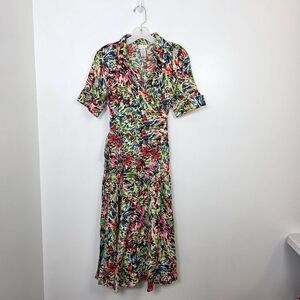 JG Hook Multicolor Artsy‎ 100% Linen Faux Wrap Beatiful Vacation Midi Dress Sz 6